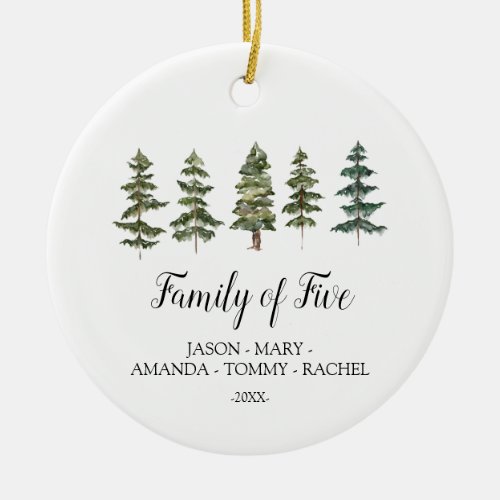 Winter Forest Christmas Tree Family of FIVE Ceramic Ornament