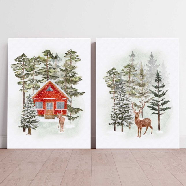 Winter Forest Christmas Village Print Holiday Wall Art Sets (Winter Forest Christmas Wall Art )