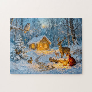 Winter Forest Cottage with Deer, Fox and Owl – Fan Jigsaw Puzzle