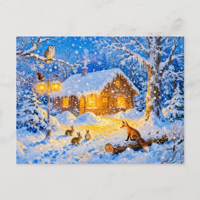 Winter Forest Cottage with Woodland Animals Postcard (Front)