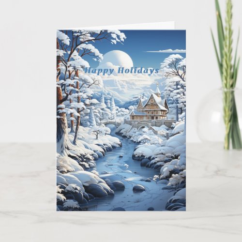 Winter Forest Country Church Frozen River  Card