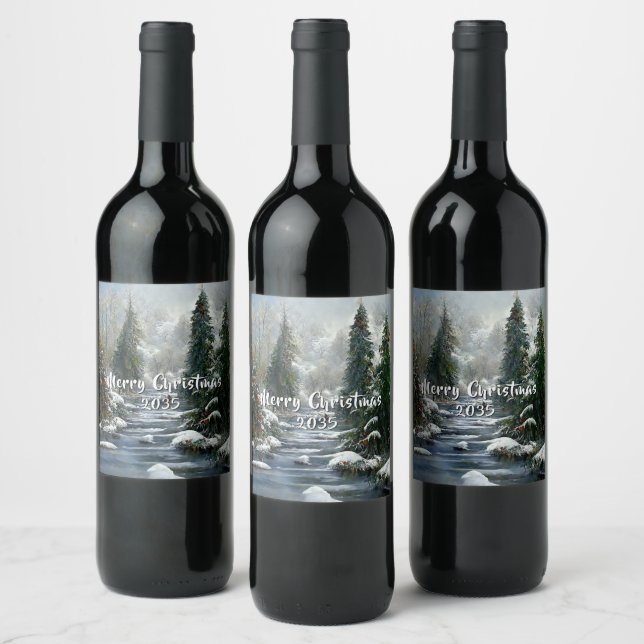 Winter Forest Country River Christmas  Wine Label (Bottles)