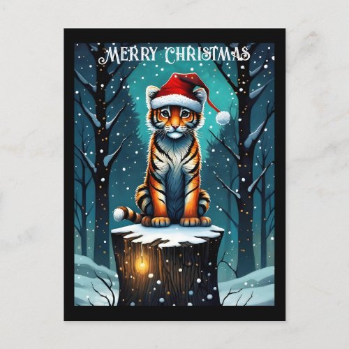 Winter Forest Cute Baby Tiger Santa Christmas Postcard