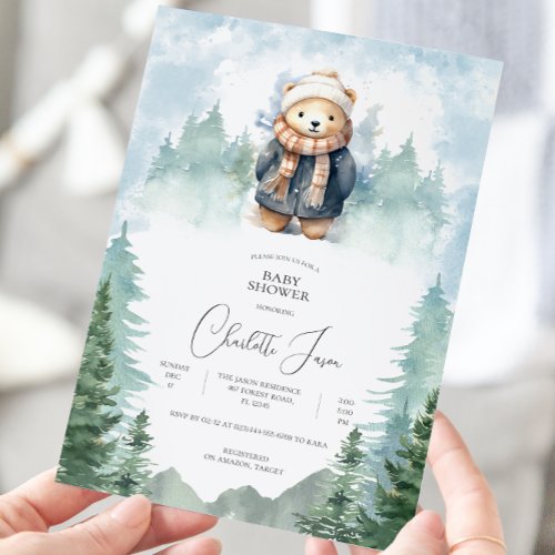 Winter Forest Cute Bear Baby Shower Invitation