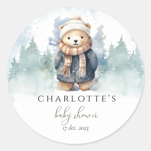 Winter Forest Cute Bear Baby Shower Sticker