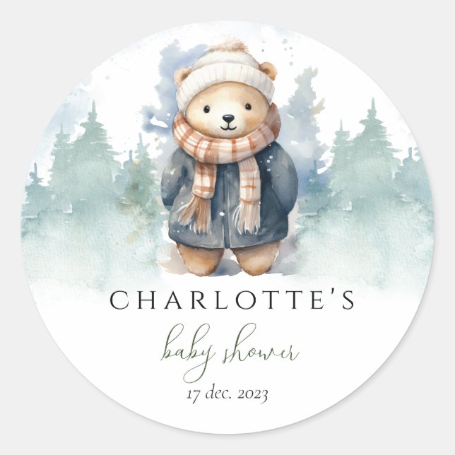 Winter Forest Cute Bear Baby Shower Sticker (Front)
