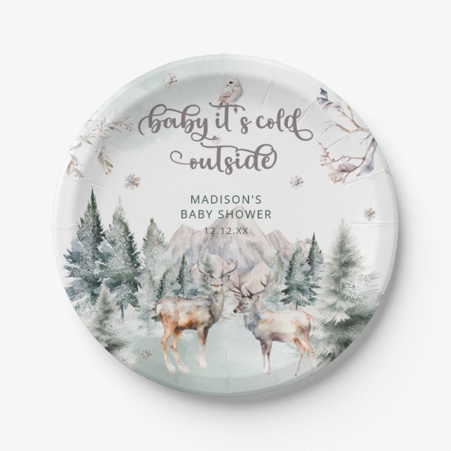 Winter Forest Deer Baby Shower Paper Plat Plates (Front)