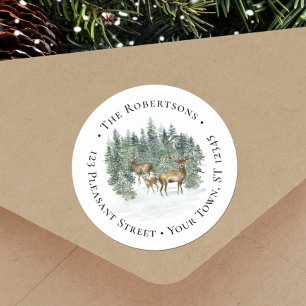 Winter Forest Deer Christmas Round Return Address Classic Round Sticker