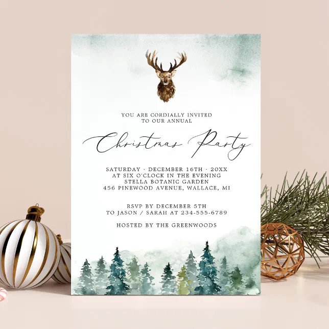 Winter Forest Deer Head Christmas Holiday Party Invitation 