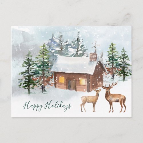 Winter forest deer log cabin Christmas Postcard