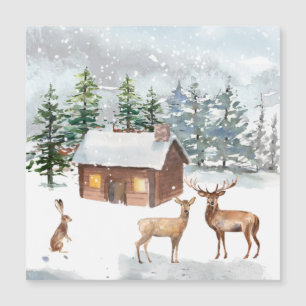 Winter forest, deer, log cabin, hare Magnetic Card