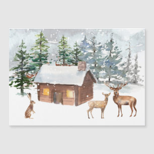 Winter forest, deer, log cabin, hare Magnetic Card