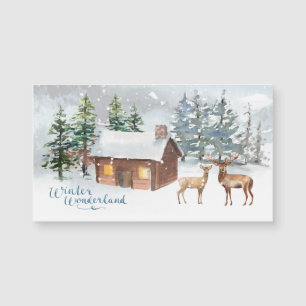 Winter forest, deer, log cabin Magnetic Card