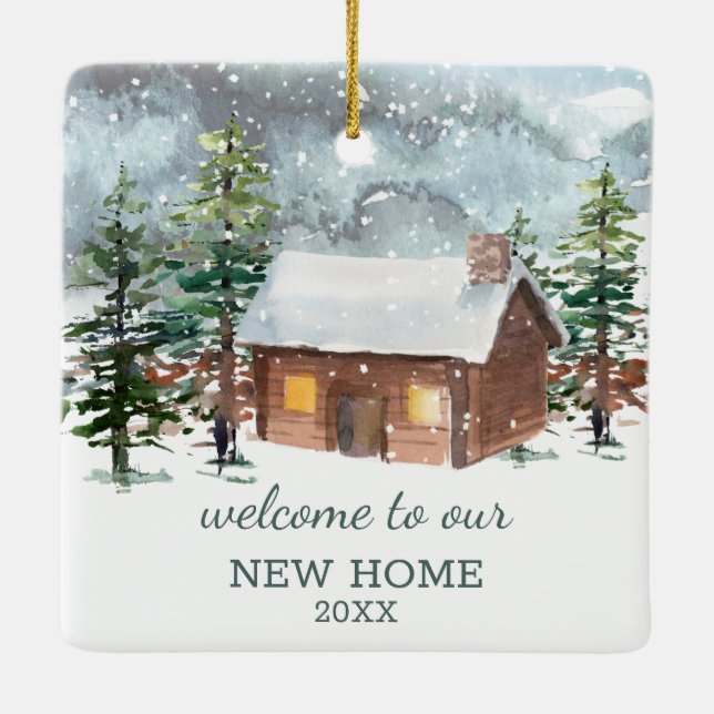 Winter forest, deer, Our new home Ceramic Ornament (Back)