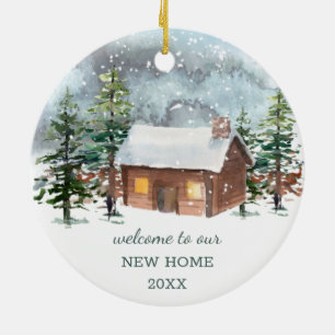 Winter forest, deer, Our new home Ceramic Ornament