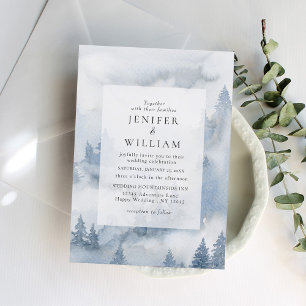 Winter Forest Dusty Blue Watercolor Wedding  Invitation