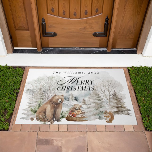 Winter Forest Elegant Watercolor Merry Christmas Doormat (Outdoor)