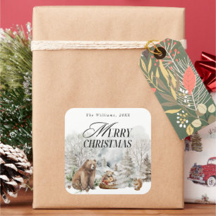 Winter Forest Elegant Watercolor Merry Christmas Square Sticker