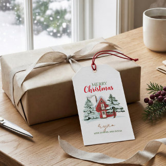 Winter Forest Farmhouse Red Barn Rustic Christmas Gift Tags