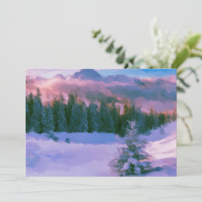Winter Forest Firs Purple Light Reflected On Snow Holiday Card (Standing Front)