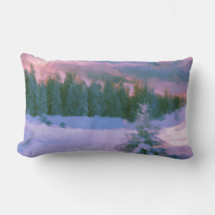 Winter Forest Firs Purple Light Reflected On Snow Lumbar Pillow