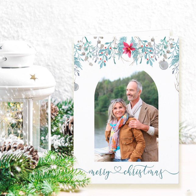 Winter Forest Foliage Arch Photo Elegant Script Holiday Card (Creator Uploaded)