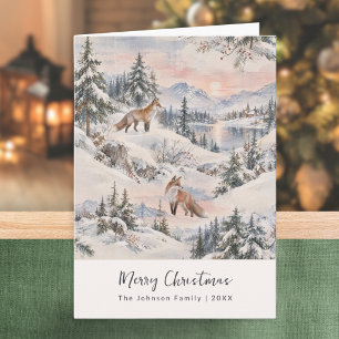 Winter Forest Fox Cozy Watercolor Snowy Landscape Card