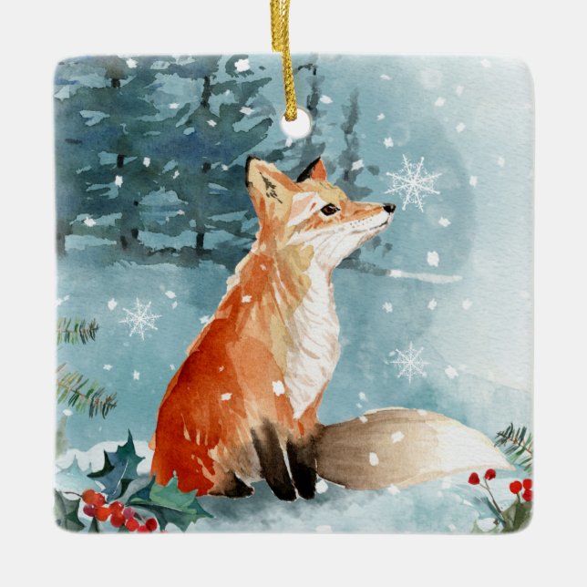 Winter forest, fox, log cabin Ceramic Ornament (Front)