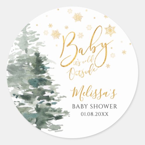 Winter Forest Gold Its Cold Outside Baby Shower Classic Round Sticker