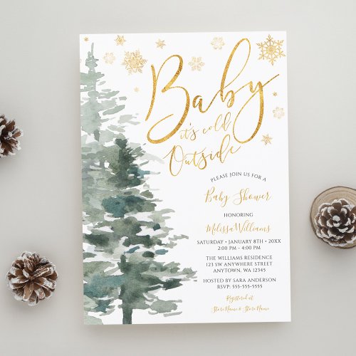 Winter Forest Gold Its Cold Outside Baby Shower Invitation