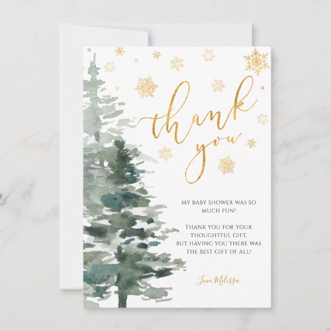 Winter Forest Gold It's Cold Outside Flat Thank You Card (Front)