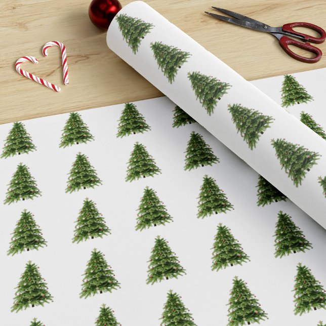 Winter Forest Green Christmas Tree Pattern White Wrapping Paper (A festive forest of decorated Christmas trees on white wrapping paper just for you)
