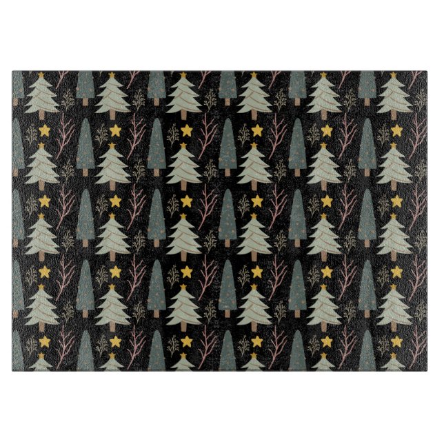 Winter Forest Green Trees Christmas Pattern Black Cutting Board (Front)