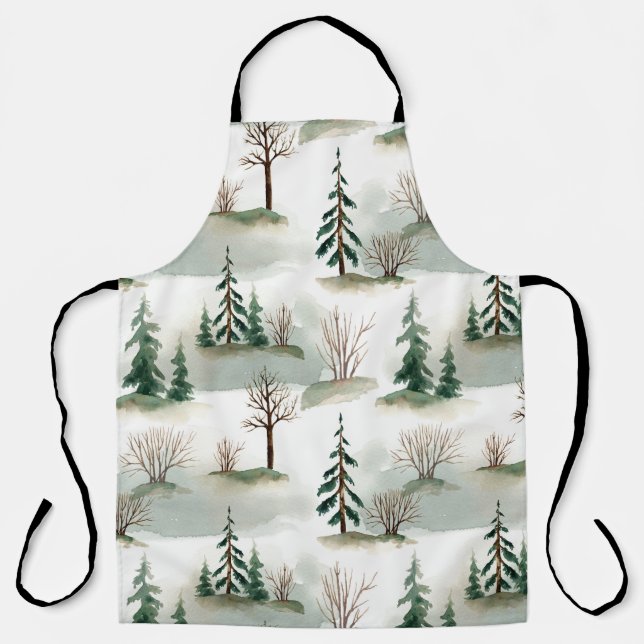 Winter Forest: Hand-Drawn Green Blur Apron (Front)