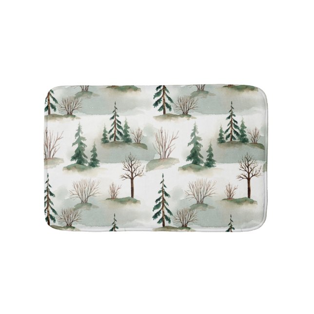 Winter Forest: Hand-Drawn Green Blur Bath Mat (Front)