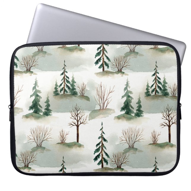 Winter Forest: Hand-Drawn Green Blur Laptop Sleeve (Front)