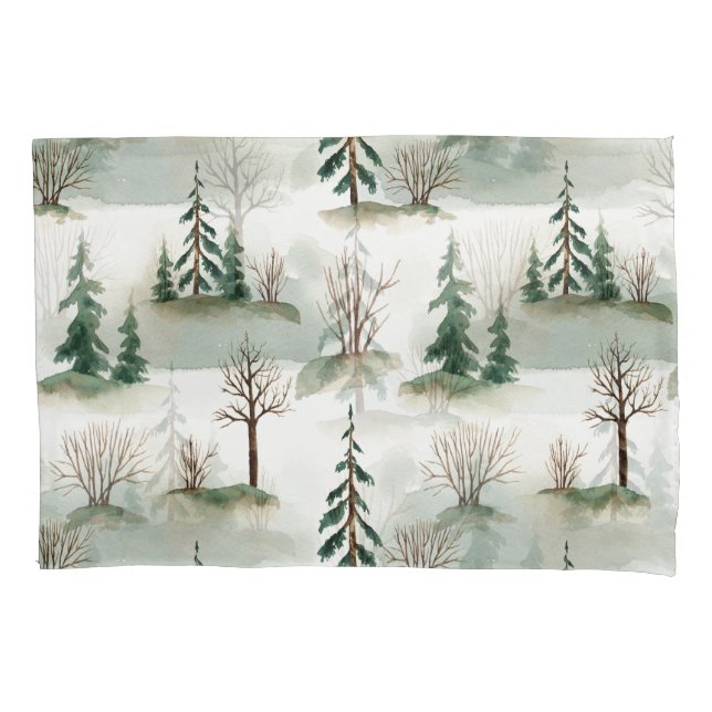 Winter Forest: Hand-Drawn Green Blur Pillow Case (Front)