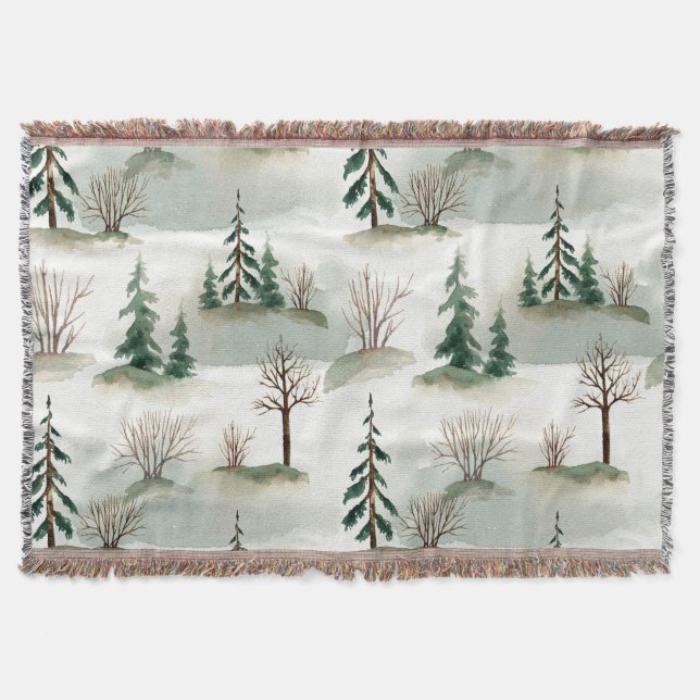 Winter Forest: Hand-Drawn Green Blur Throw Blanket (Front)