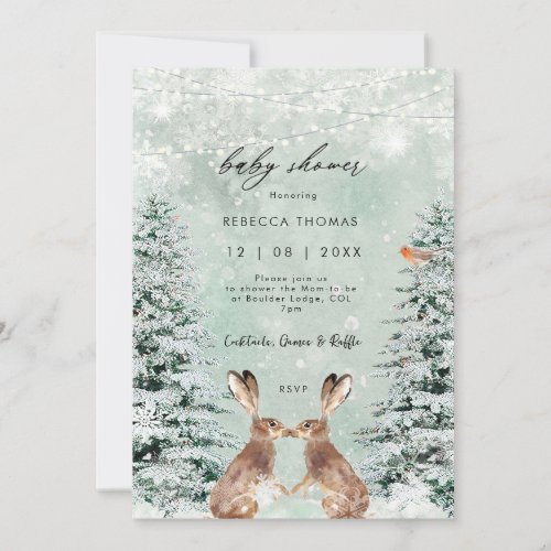 winter forest hares baby shower invitation