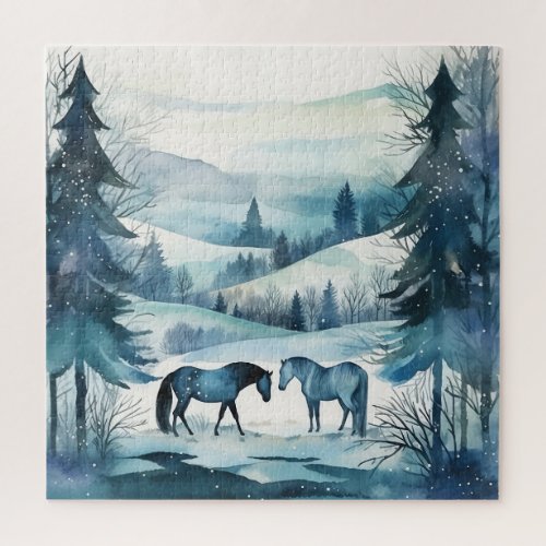 Winter Forest Horses Equestrian Blue Jigsaw Puzzle