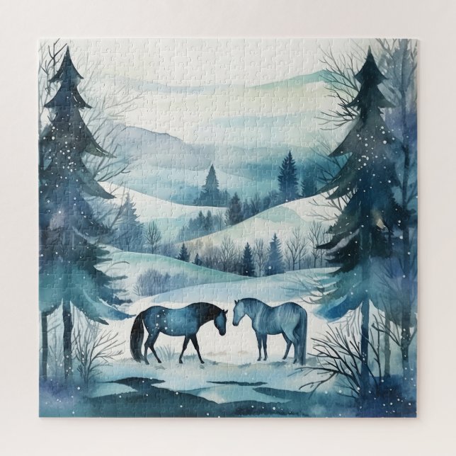 Winter Forest Horses Equestrian Blue Jigsaw Puzzle (Vertical)