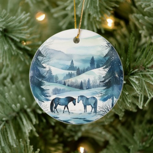Winter Forest Horses Equestrian Monogram Ceramic Ornament