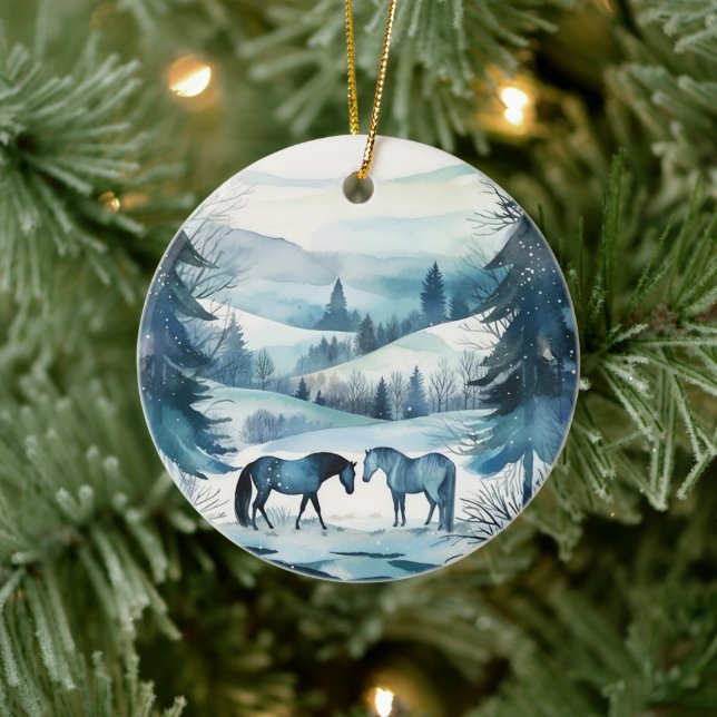 Winter Forest Horses Equestrian Monogram Ceramic Ornament (Tree)