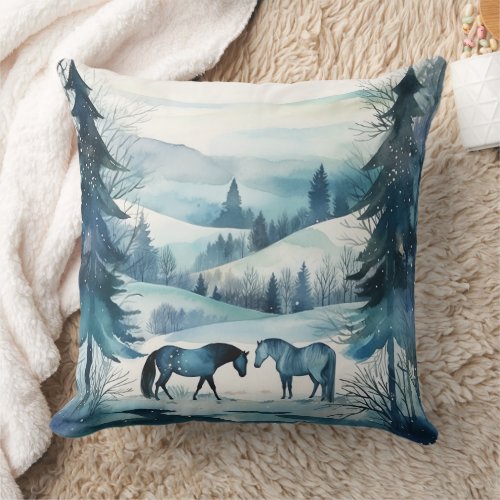 Winter Forest Horses Equestrian Monogram Throw Pillow