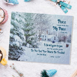 Winter forest house- John 14:27 Bible Verse Jigsaw Puzzle<br><div class="desc">Embrace the serenity of the season with our 'Peaceful Winter Village' Jigsaw Puzzle. This enchanting puzzle transports you to a snow-covered village nestled deep within a majestic forest. The tall pine trees stand guard, their branches draped in glistening snow, while the houses, with their charming thatched roofs, exude warmth and...</div>