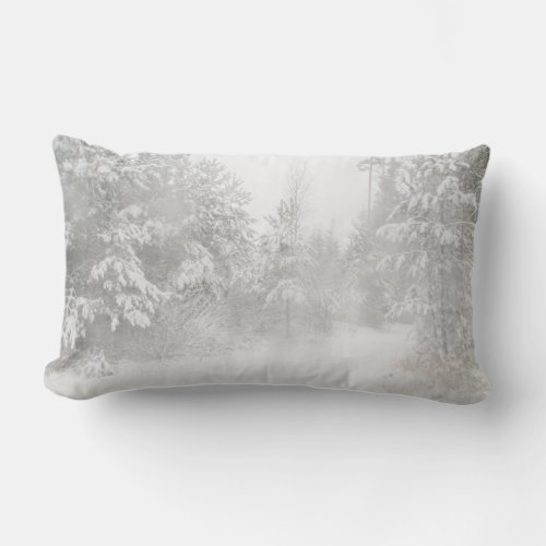 Winter forest landscape with snowy winter trees lumbar pillow