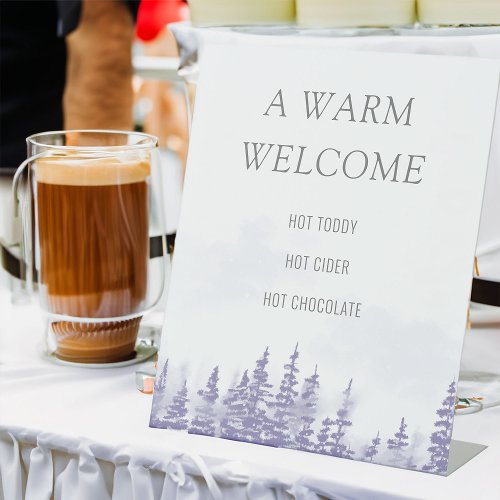 Winter Forest Lavender Wedding Hot Welcome Drinks Pedestal Sign