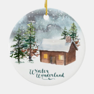 Winter forest, log cabin, antlers Ceramic Ornament
