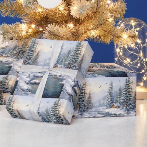 Winter Forest Log Cabin Birds Pine Trees River Wrapping Paper