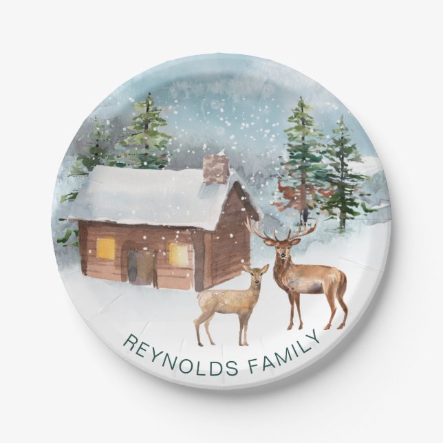 Winter forest, log cabin, deer paper plates (Front)
